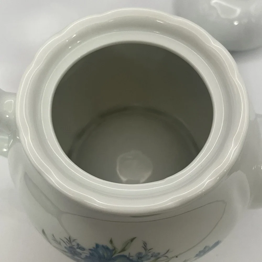 Vintage White Ceramic Teapot Blue Floral Cornflower Design Scalloped Rim